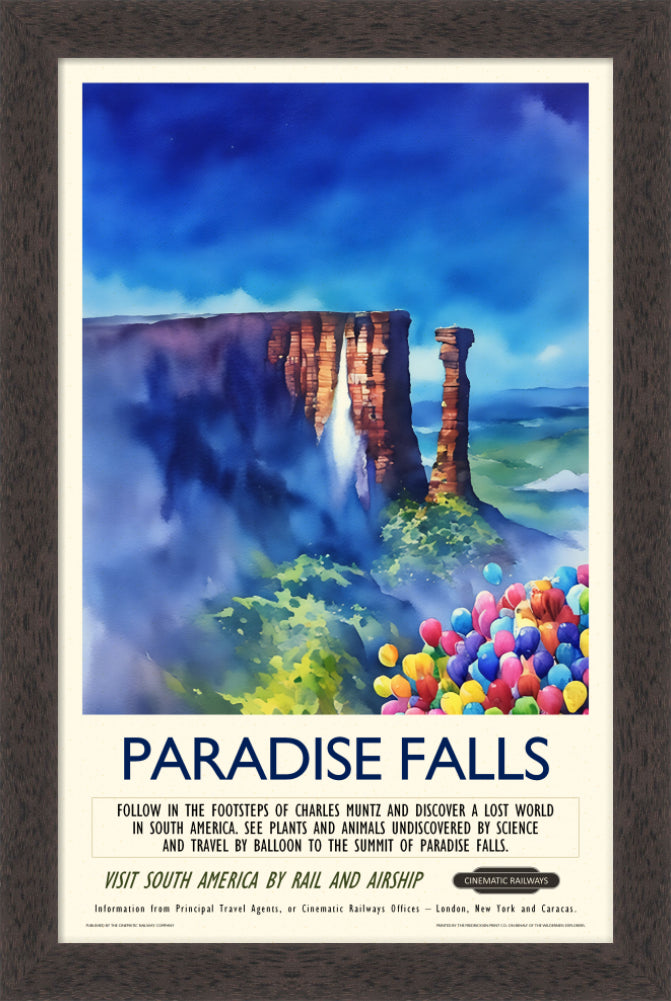 Paradise Falls - a vintage travel poster inspired by your favourite film / movie - Cinematic Railways