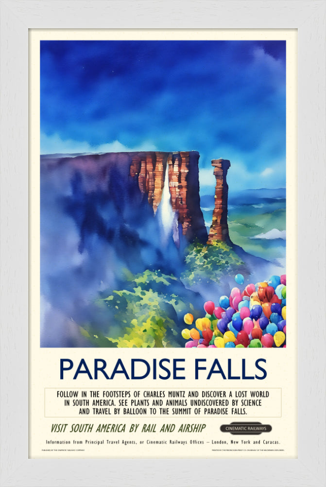 Paradise Falls - a vintage travel poster inspired by your favourite film / movie - Cinematic Railways