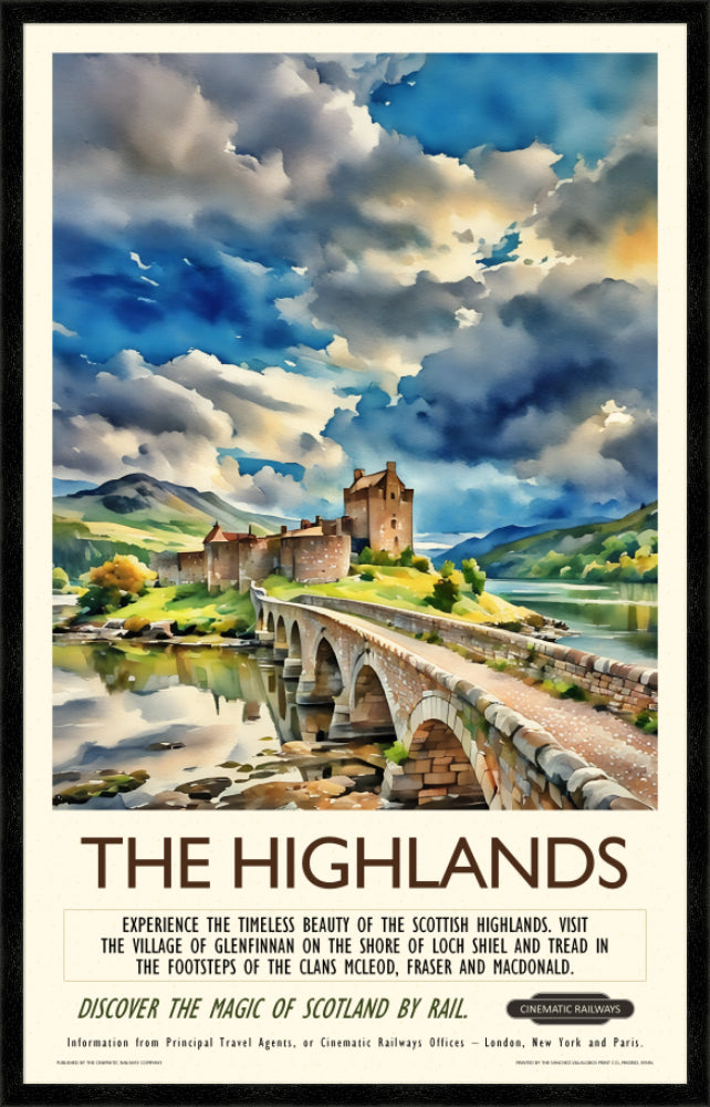 The Highlands - a vintage travel poster inspired by your favourite film / movie - Cinematic Railways