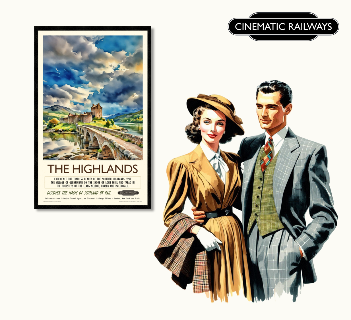 The Highlands - a vintage travel poster inspired by your favourite film / movie - Cinematic Railways
