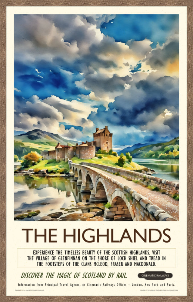 The Highlands - a vintage travel poster inspired by your favourite film / movie - Cinematic Railways