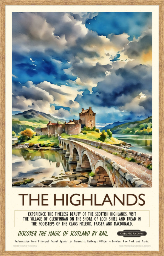 The Highlands - a vintage travel poster inspired by your favourite film / movie - Cinematic Railways