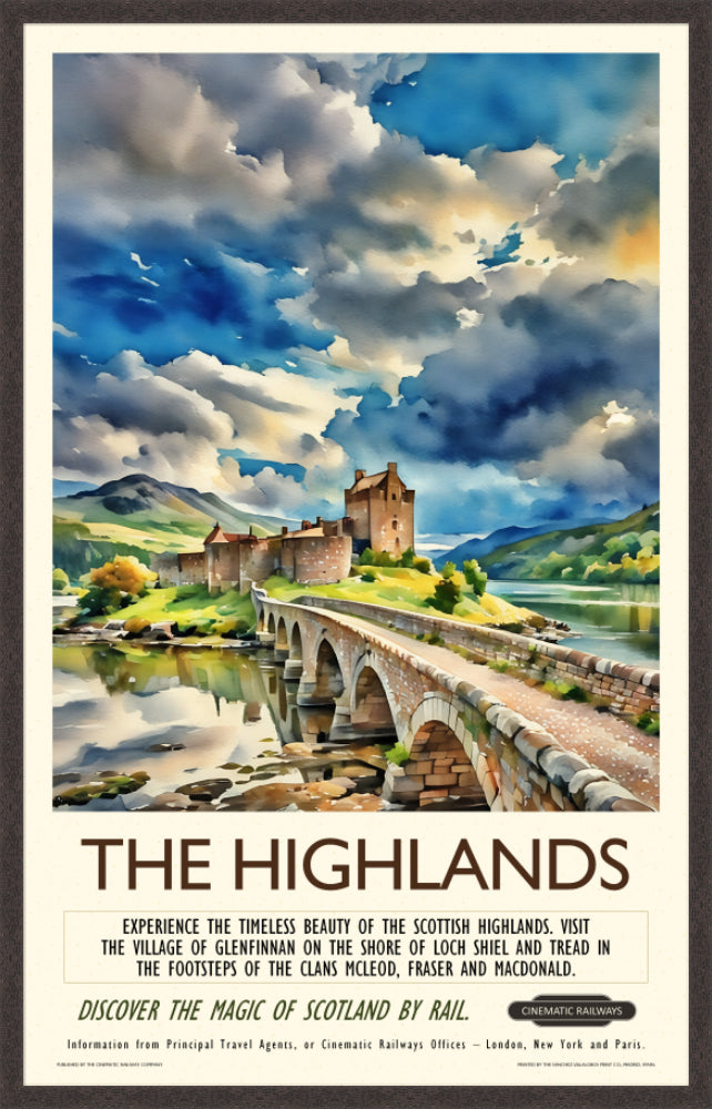 The Highlands - a vintage travel poster inspired by your favourite film / movie - Cinematic Railways