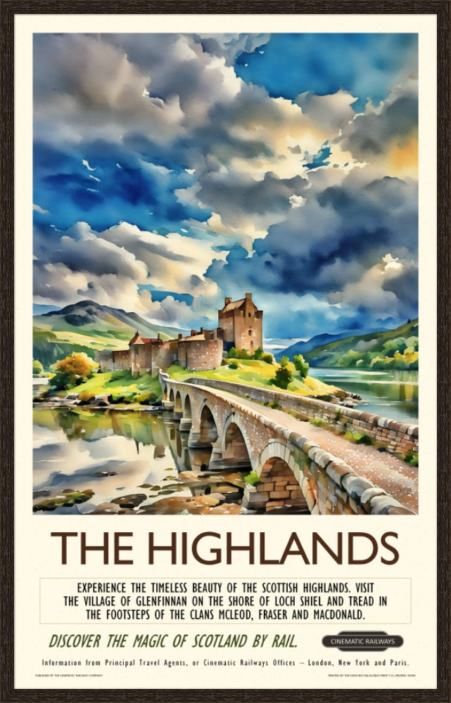 The Highlands - a vintage travel poster inspired by your favourite film / movie - Cinematic Railways