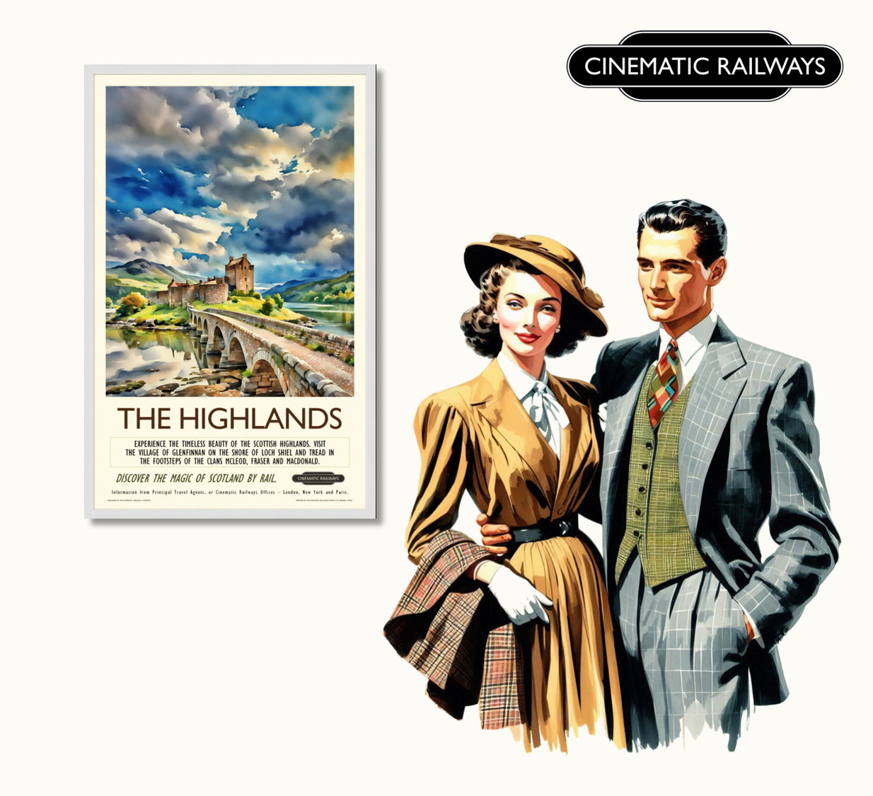The Highlands - a vintage travel poster inspired by your favourite film / movie - Cinematic Railways