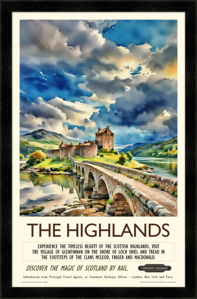 The Highlands - a vintage travel poster inspired by your favourite film / movie - Cinematic Railways