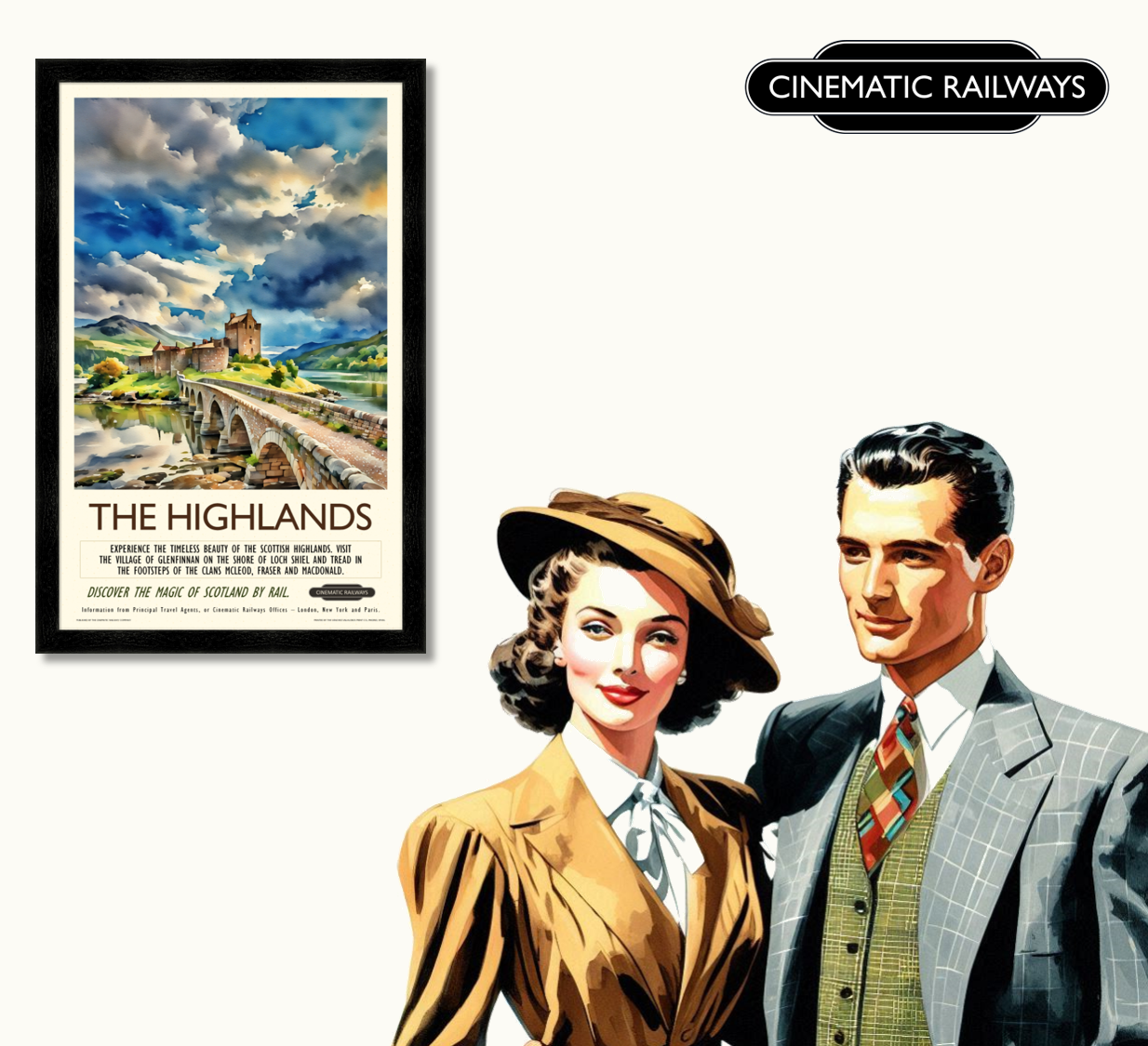 The Highlands - a vintage travel poster inspired by your favourite film / movie - Cinematic Railways