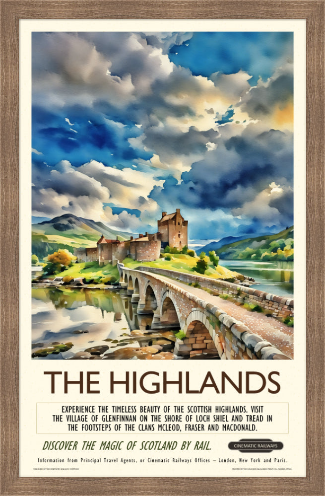The Highlands - a vintage travel poster inspired by your favourite film / movie - Cinematic Railways