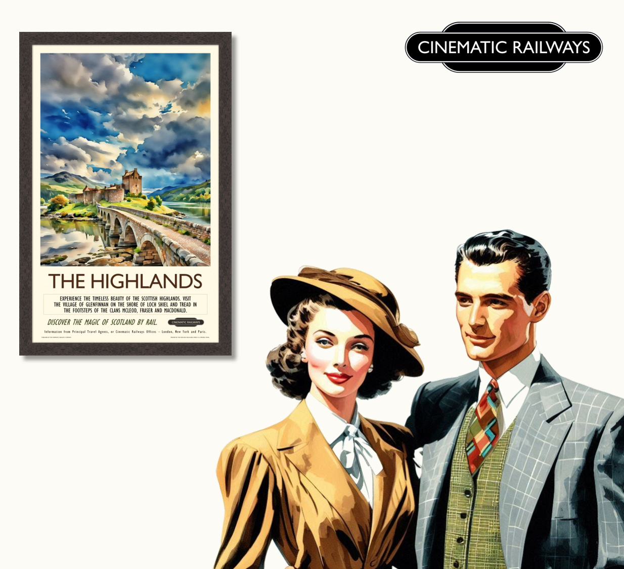 The Highlands - a vintage travel poster inspired by your favourite film / movie - Cinematic Railways