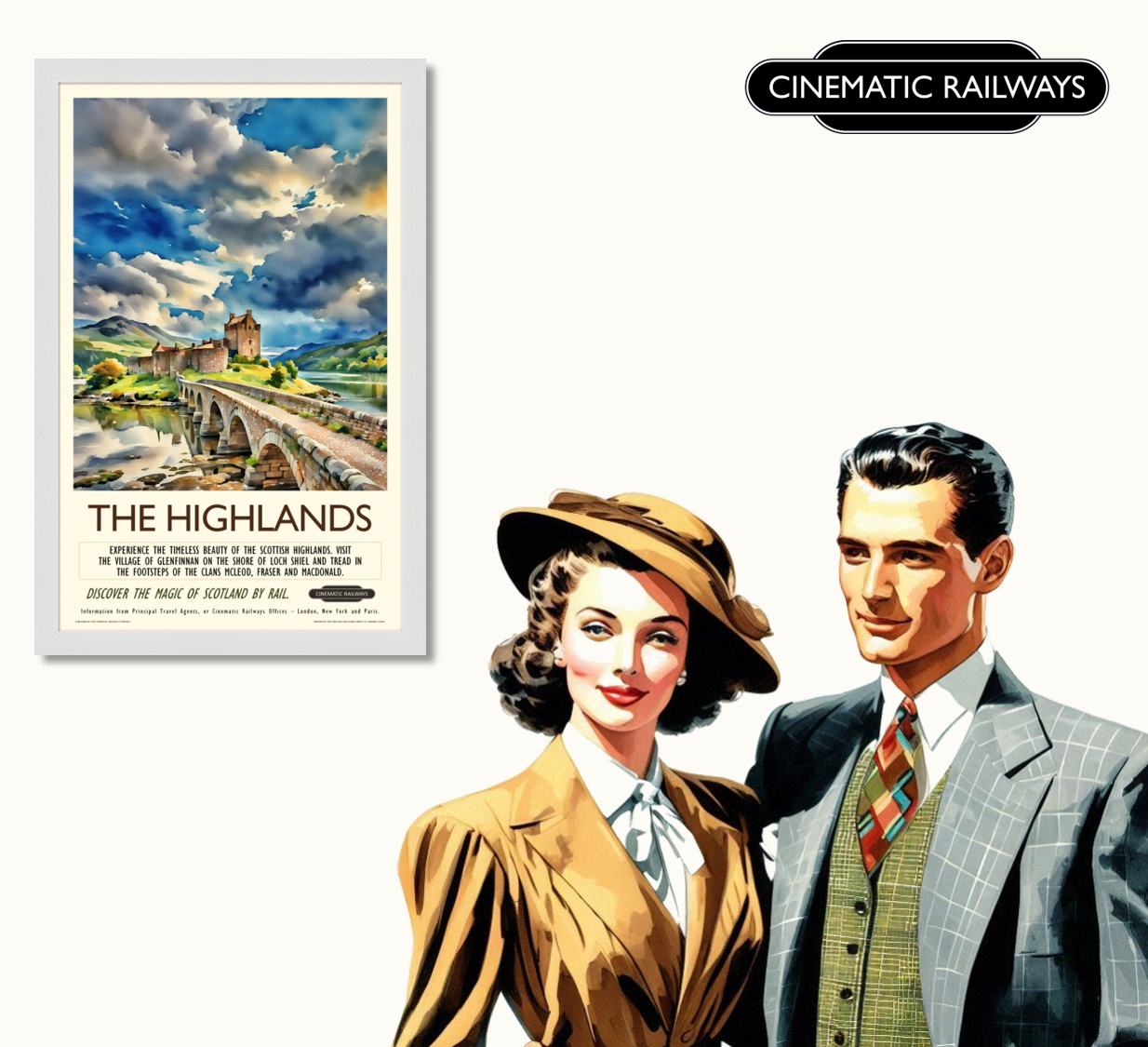 The Highlands - a vintage travel poster inspired by your favourite film / movie - Cinematic Railways