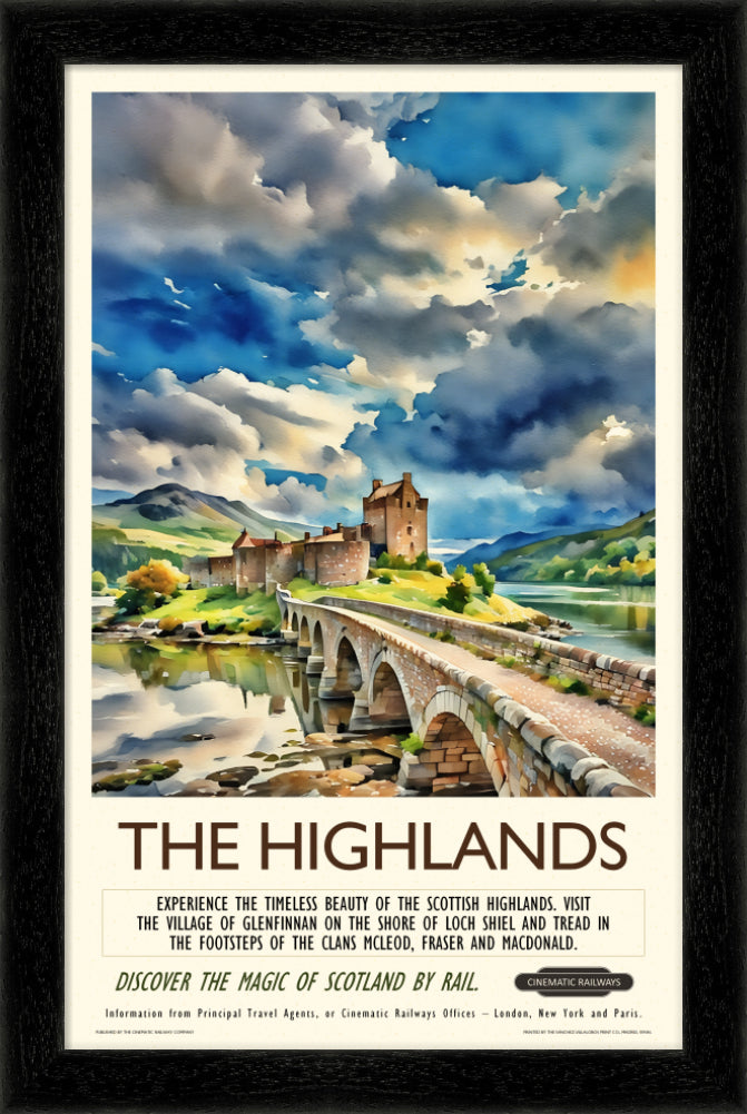 The Highlands - a vintage travel poster inspired by your favourite film / movie - Cinematic Railways