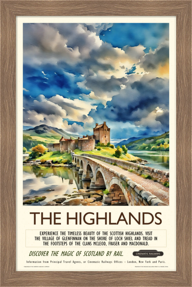 The Highlands - a vintage travel poster inspired by your favourite film / movie - Cinematic Railways