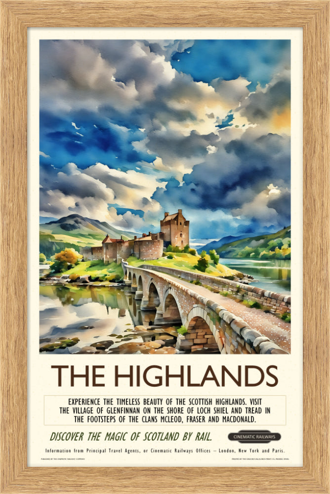 The Highlands - a vintage travel poster inspired by your favourite film / movie - Cinematic Railways