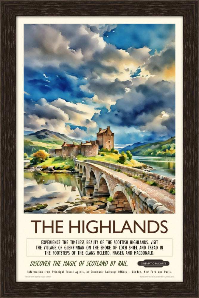 The Highlands - a vintage travel poster inspired by your favourite film / movie - Cinematic Railways