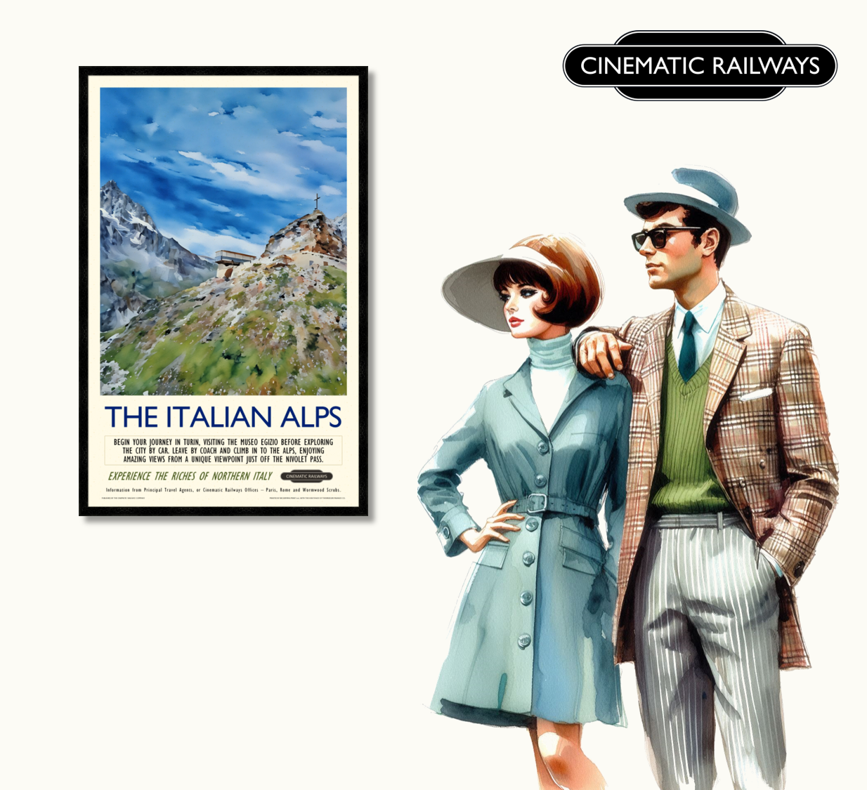 The Italian Alps - a vintage travel poster inspired by your favourite film / movie - Cinematic Railways
