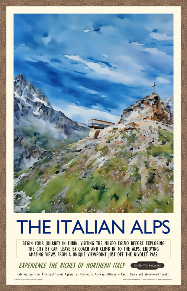 The Italian Alps - a vintage travel poster inspired by your favourite film / movie - Cinematic Railways