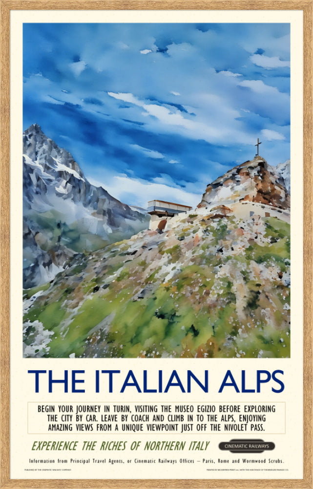The Italian Alps - a vintage travel poster inspired by your favourite film / movie - Cinematic Railways