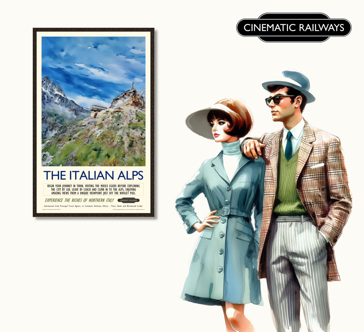 The Italian Alps - a vintage travel poster inspired by your favourite film / movie - Cinematic Railways