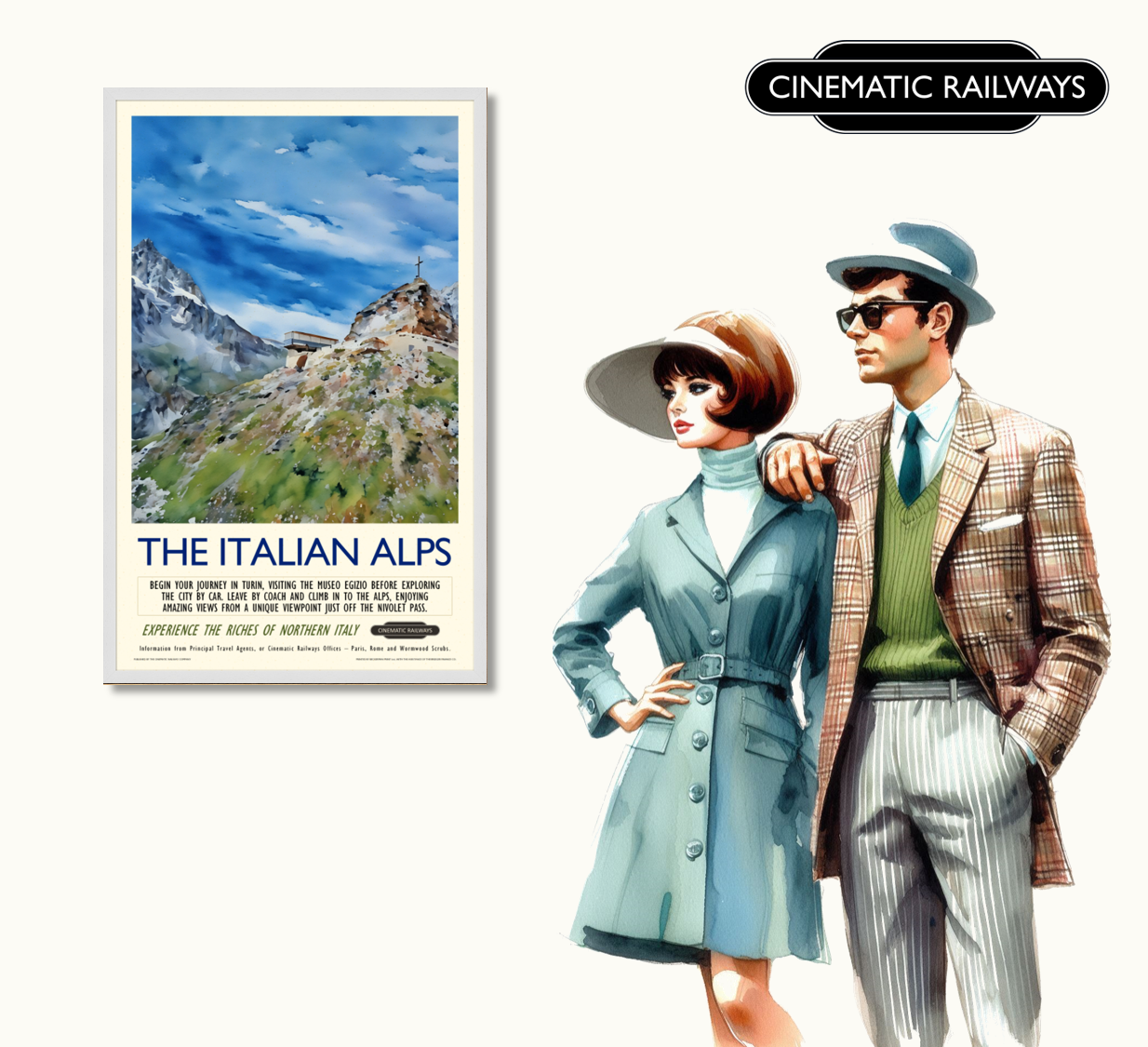 The Italian Alps - a vintage travel poster inspired by your favourite film / movie - Cinematic Railways