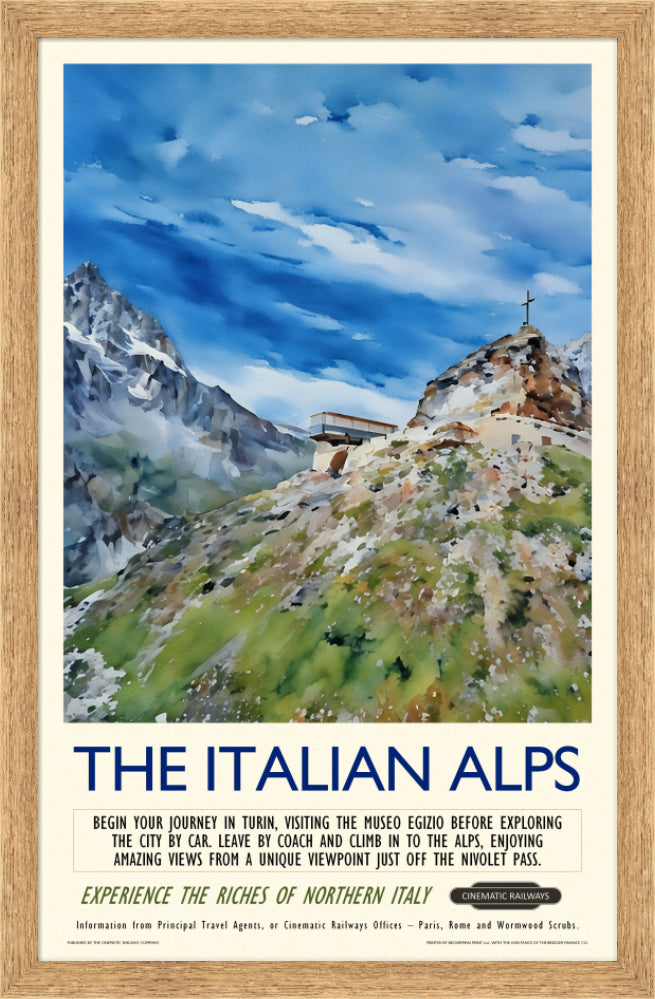 The Italian Alps - a vintage travel poster inspired by your favourite film / movie - Cinematic Railways