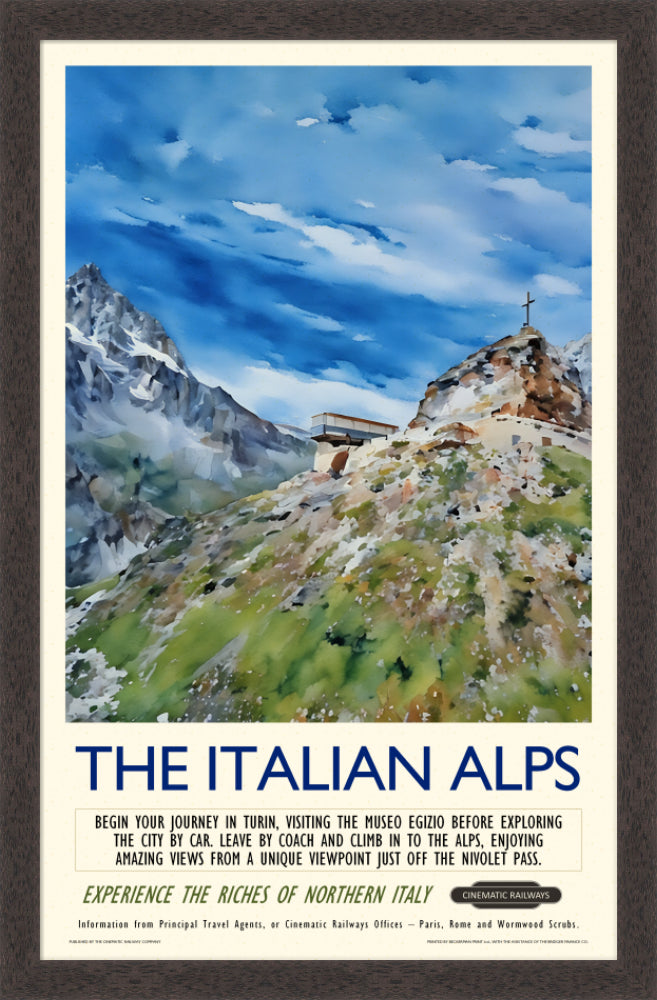 The Italian Alps - a vintage travel poster inspired by your favourite film / movie - Cinematic Railways
