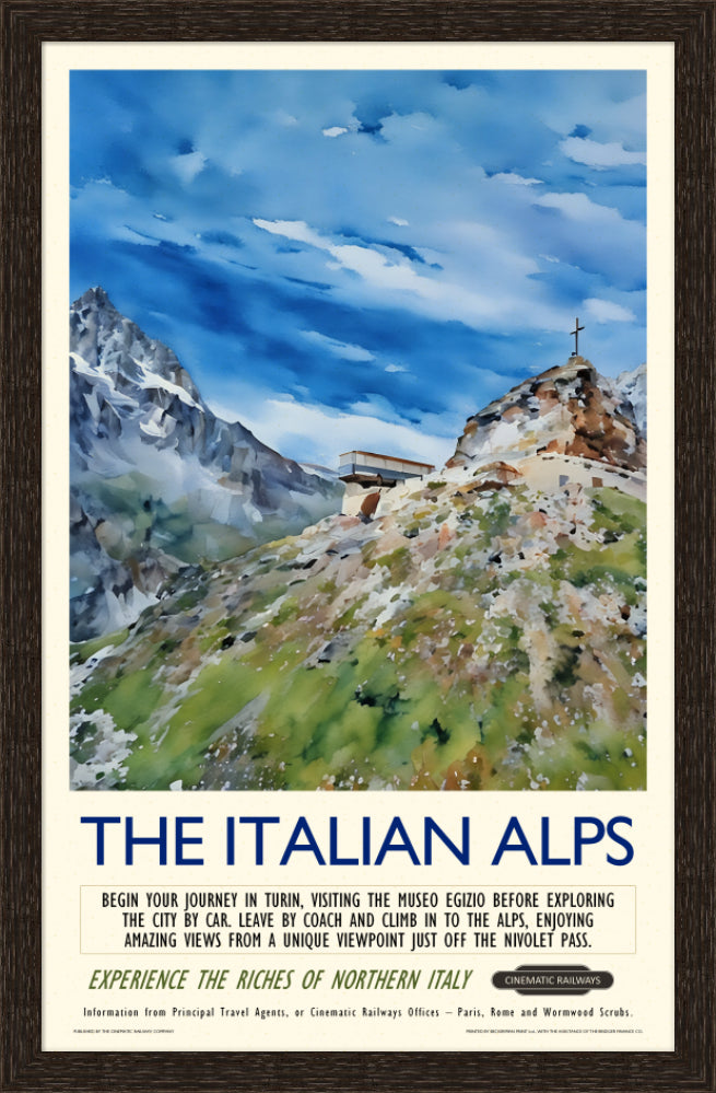 The Italian Alps - a vintage travel poster inspired by your favourite film / movie - Cinematic Railways