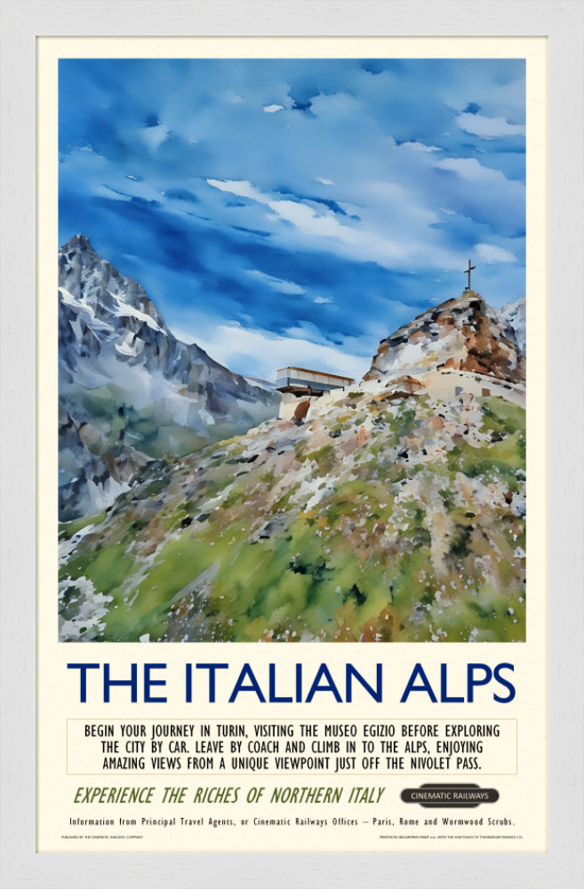 The Italian Alps - a vintage travel poster inspired by your favourite film / movie - Cinematic Railways