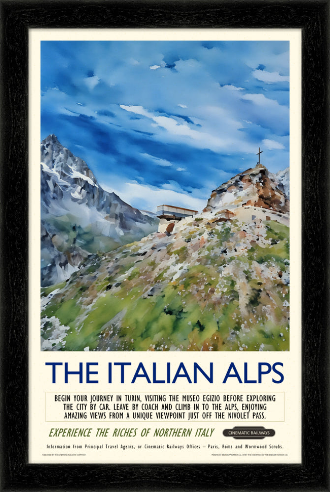 The Italian Alps - a vintage travel poster inspired by your favourite film / movie - Cinematic Railways