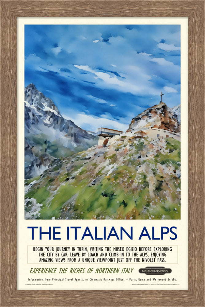 The Italian Alps - a vintage travel poster inspired by your favourite film / movie - Cinematic Railways