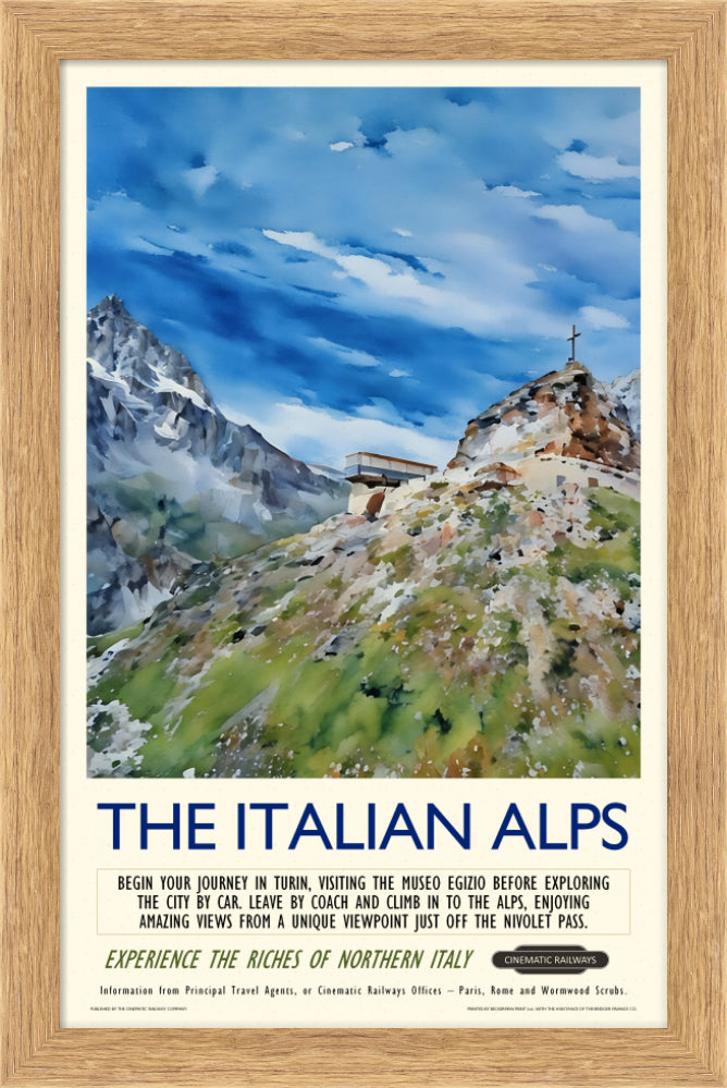 The Italian Alps - a vintage travel poster inspired by your favourite film / movie - Cinematic Railways