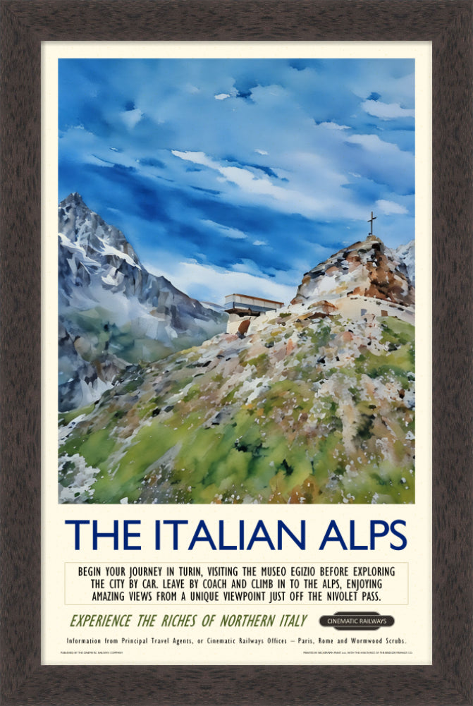 The Italian Alps - a vintage travel poster inspired by your favourite film / movie - Cinematic Railways