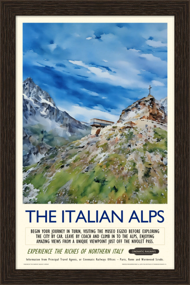 The Italian Alps - a vintage travel poster inspired by your favourite film / movie - Cinematic Railways