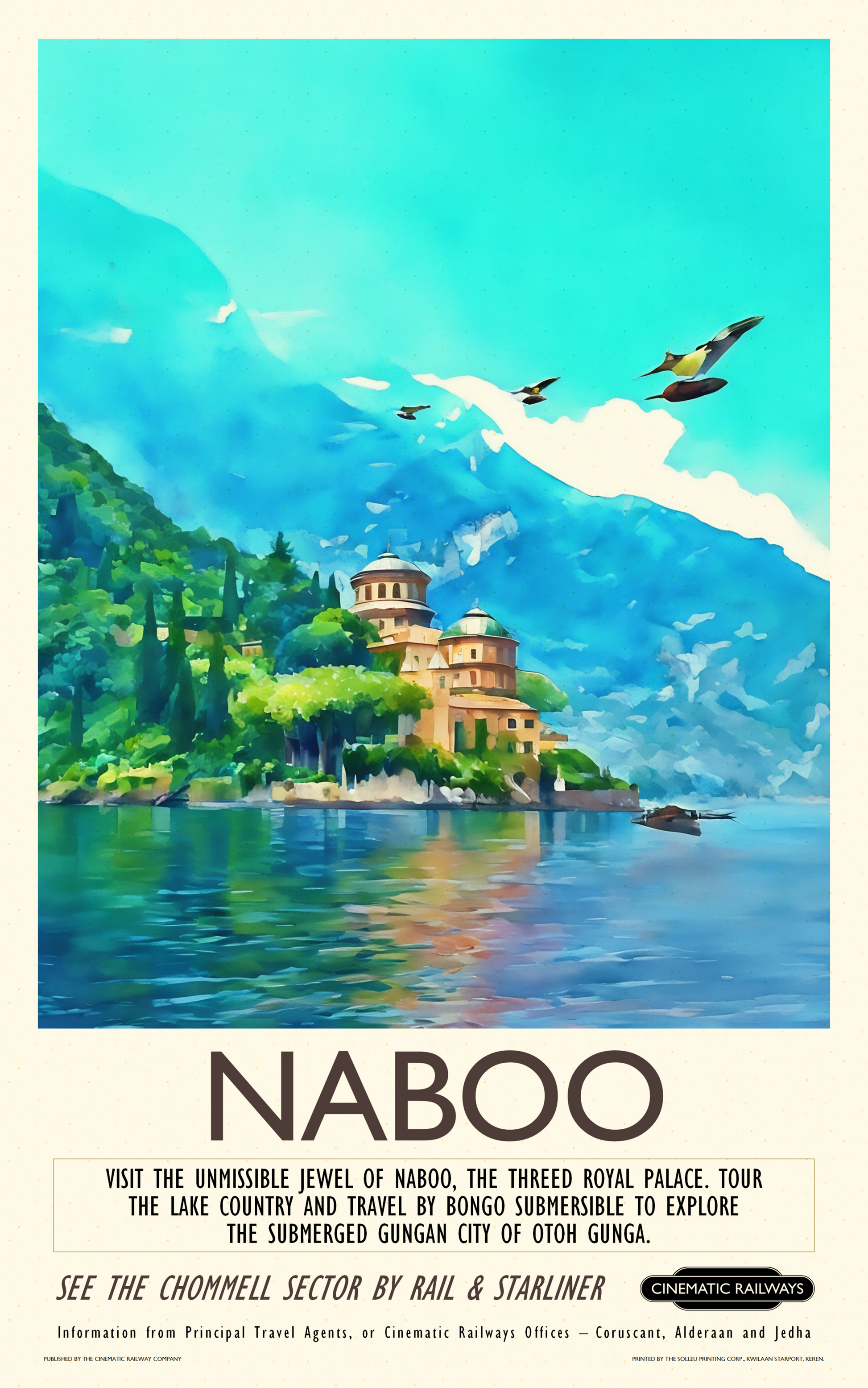 Naboo  - a vintage travel poster inspired by your favourite film / movie - Cinematic Railways