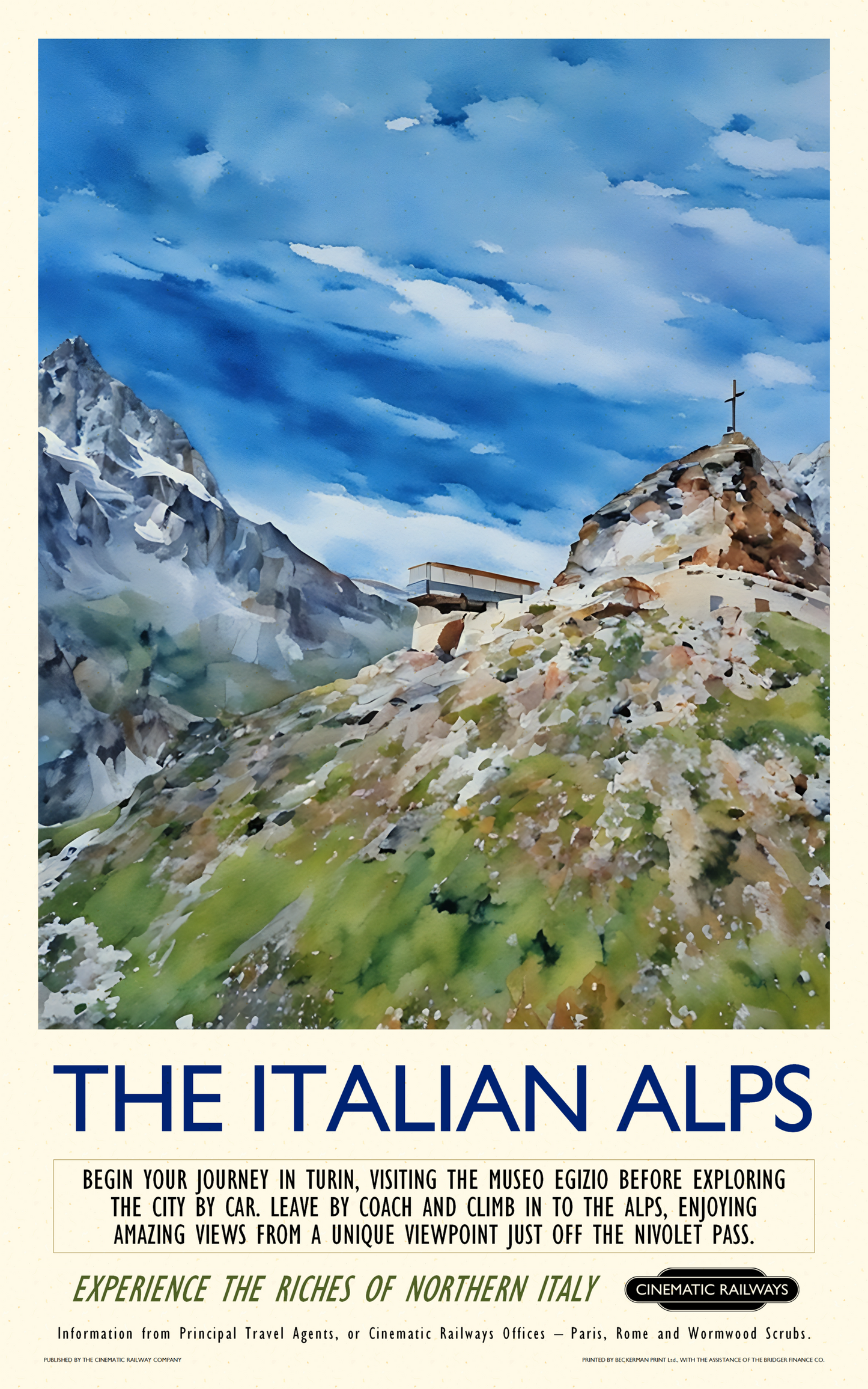 The Italian Alps  - a vintage travel poster inspired by your favourite film / movie - Cinematic Railways