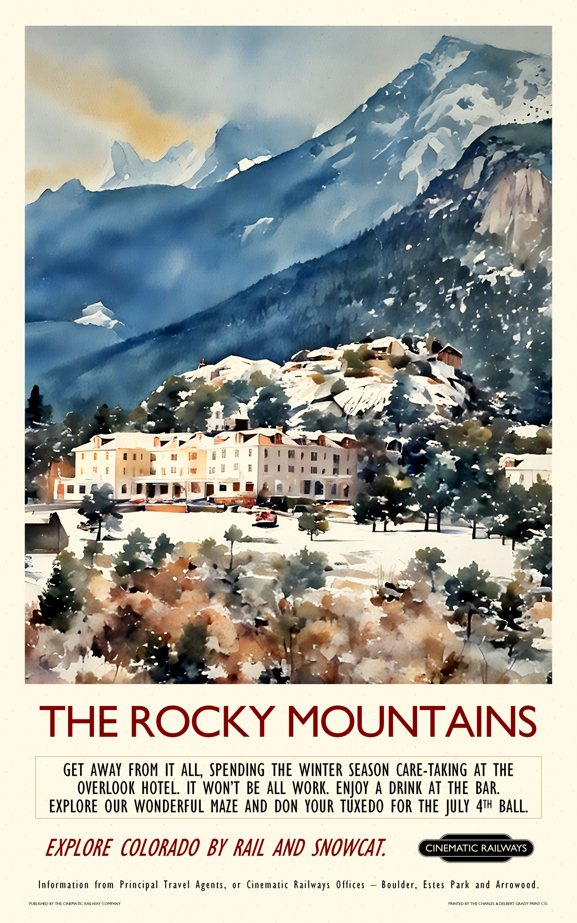 The Rocky Mountains  - a vintage travel poster inspired by your favourite film / movie - Cinematic Railways