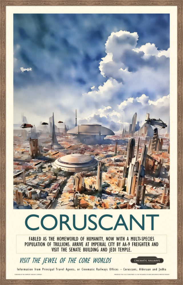 Coruscant  - a vintage travel poster inspired by your favourite film / movie - Cinematic Railways