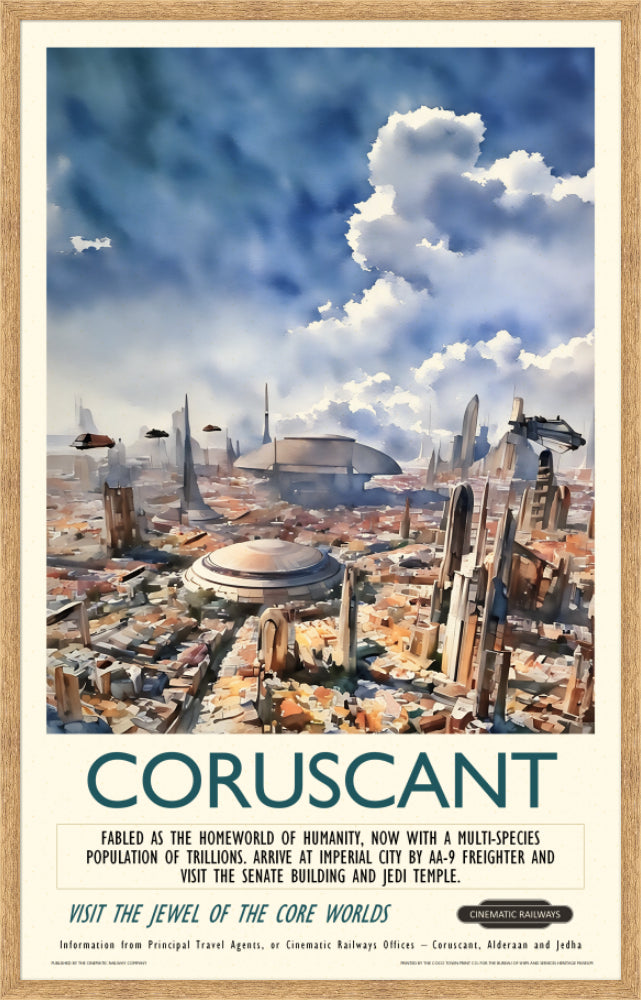 Coruscant  - a vintage travel poster inspired by your favourite film / movie - Cinematic Railways