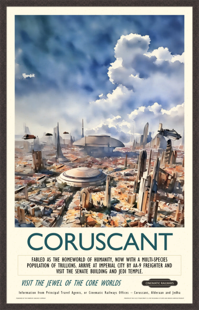 Coruscant  - a vintage travel poster inspired by your favourite film / movie - Cinematic Railways