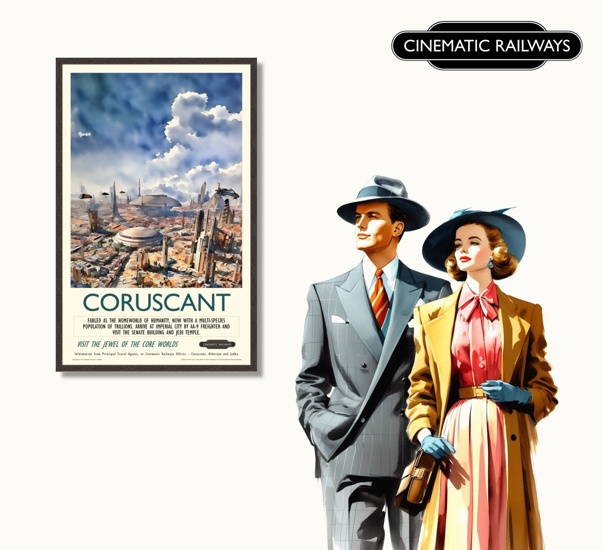 Coruscant  - a vintage travel poster inspired by your favourite film / movie - Cinematic Railways