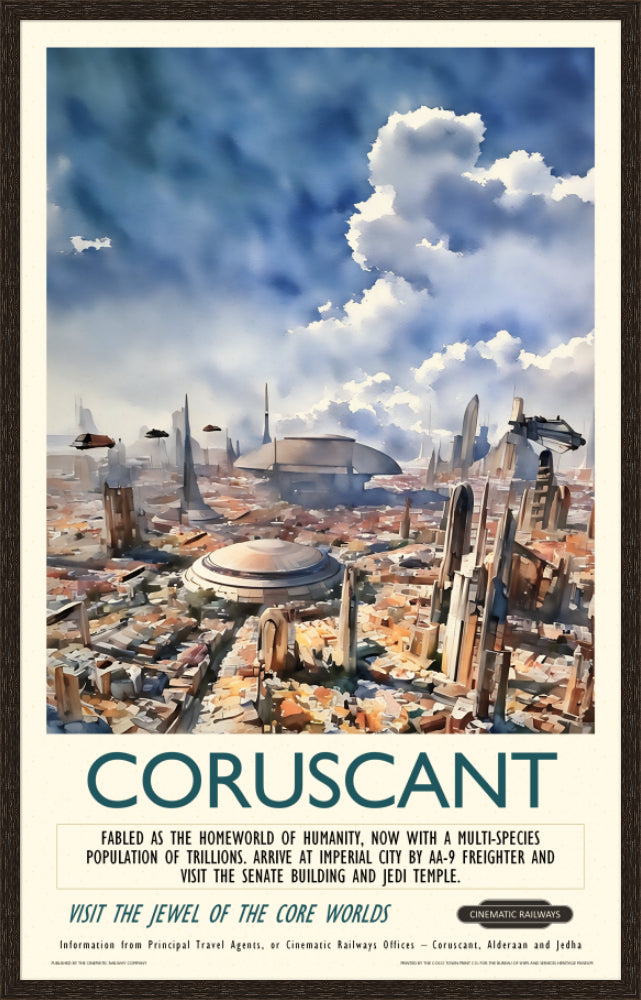 Coruscant  - a vintage travel poster inspired by your favourite film / movie - Cinematic Railways