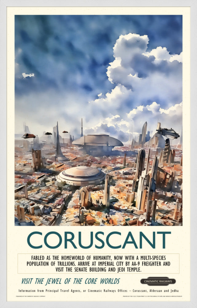 Coruscant  - a vintage travel poster inspired by your favourite film / movie - Cinematic Railways