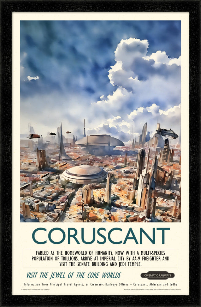 Coruscant  - a vintage travel poster inspired by your favourite film / movie - Cinematic Railways
