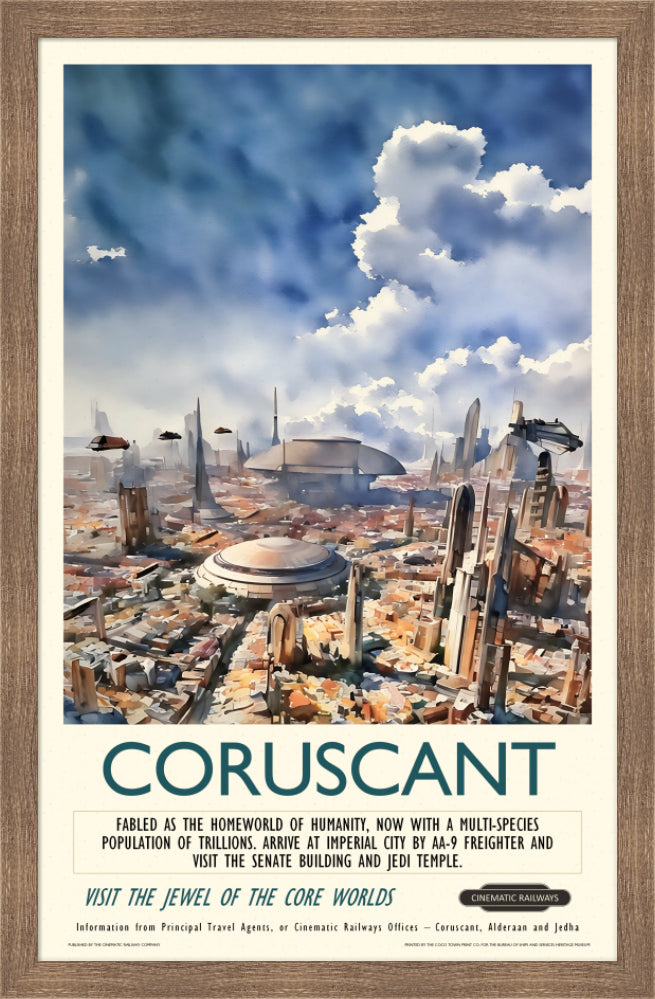 Coruscant  - a vintage travel poster inspired by your favourite film / movie - Cinematic Railways