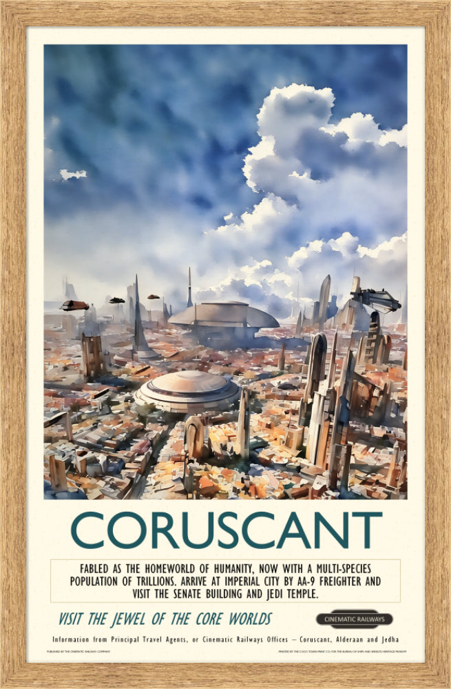 Coruscant  - a vintage travel poster inspired by your favourite film / movie - Cinematic Railways