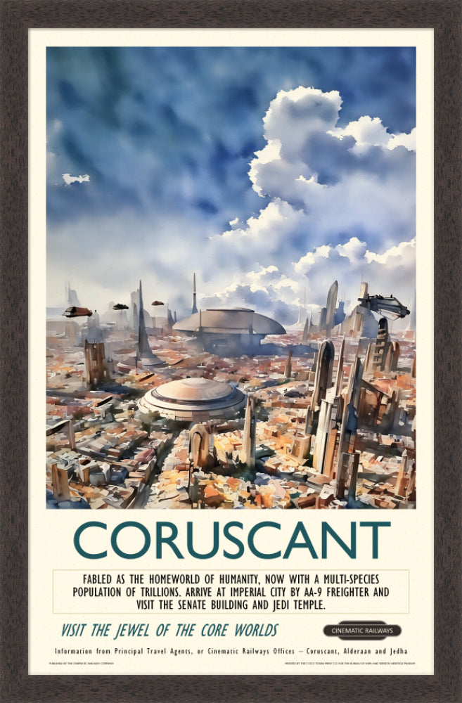 Coruscant  - a vintage travel poster inspired by your favourite film / movie - Cinematic Railways