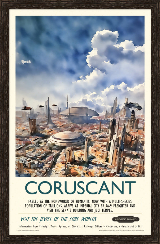 Coruscant  - a vintage travel poster inspired by your favourite film / movie - Cinematic Railways