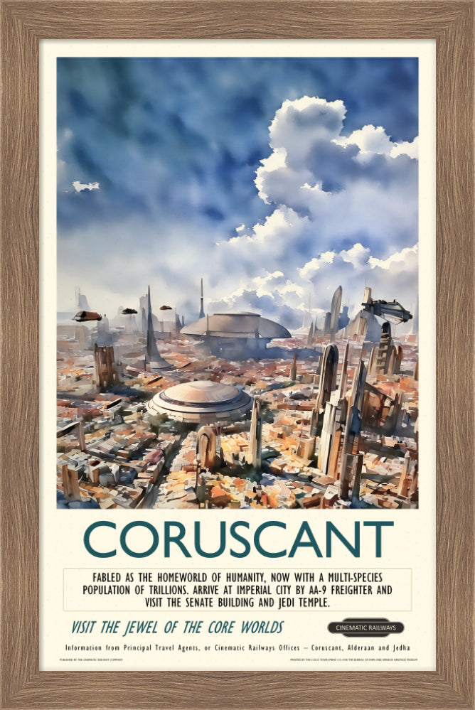 Coruscant  - a vintage travel poster inspired by your favourite film / movie - Cinematic Railways