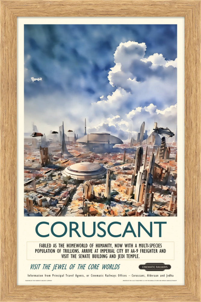 Coruscant  - a vintage travel poster inspired by your favourite film / movie - Cinematic Railways