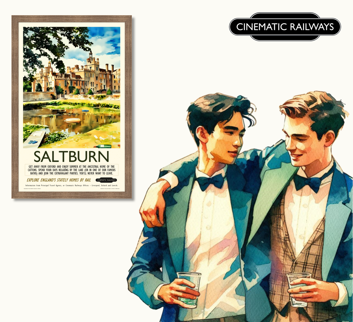 Saltburn - a vintage travel poster inspired by your favourite film / movie - Cinematic Railways