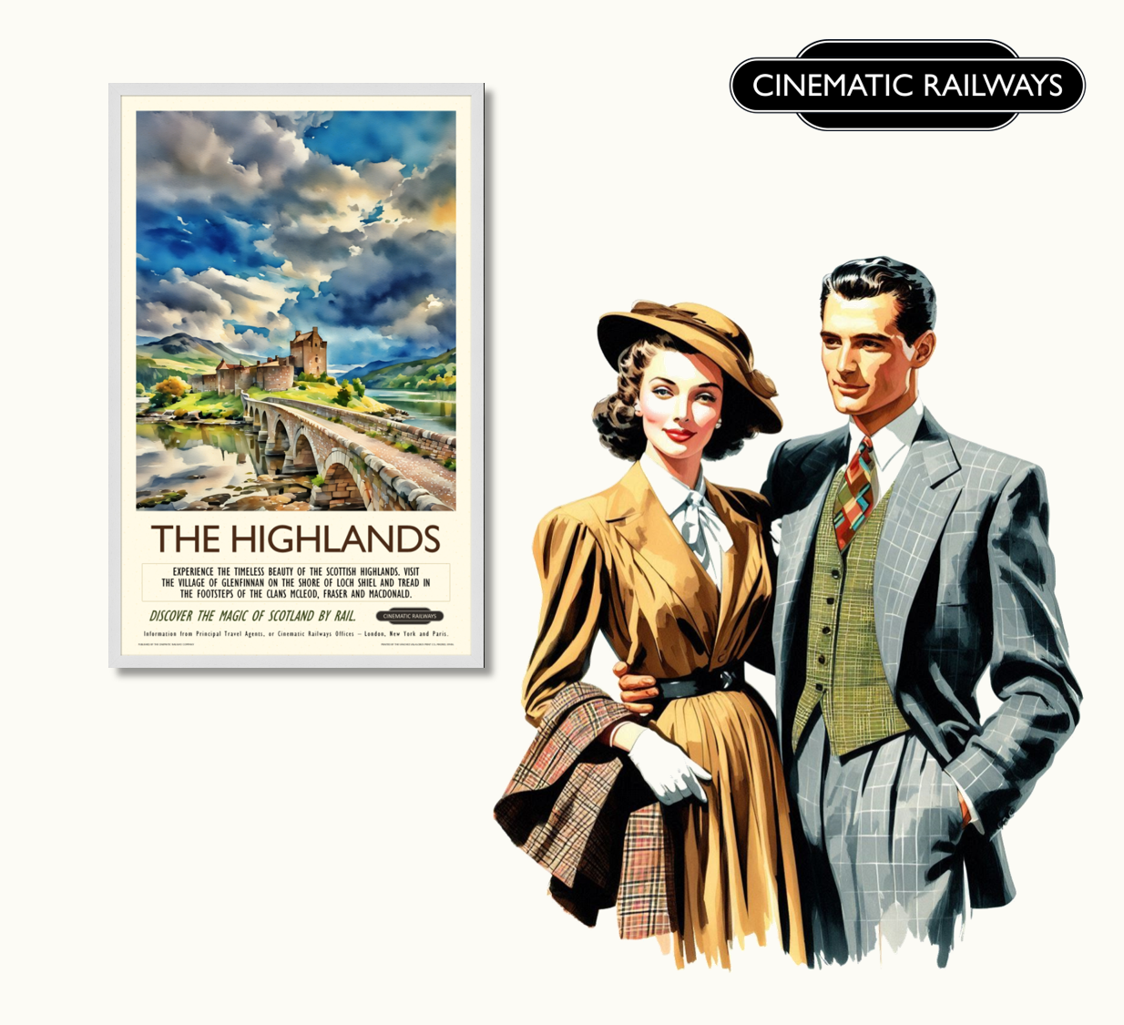 The Highlands  - a vintage travel poster inspired by your favourite film / movie - Cinematic Railways